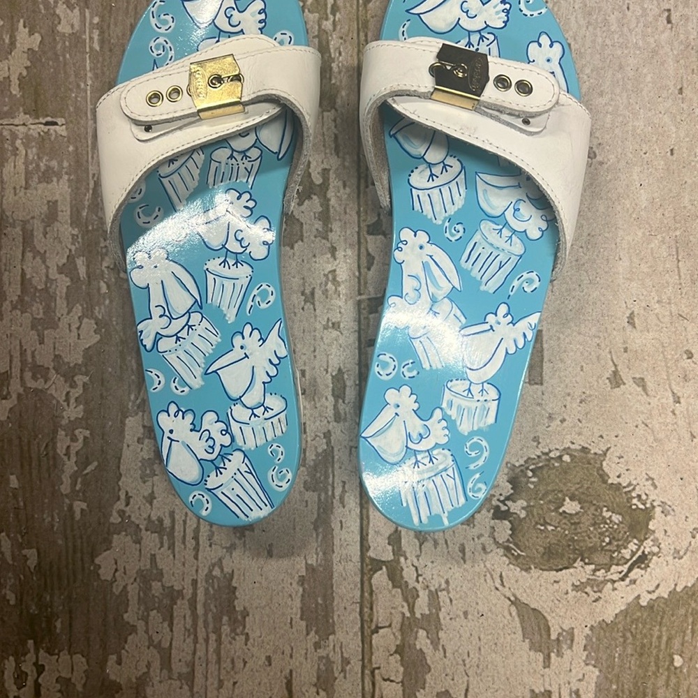 Hand painted Dr.Scholl's White and Blue Sandals with Metallic Accents.